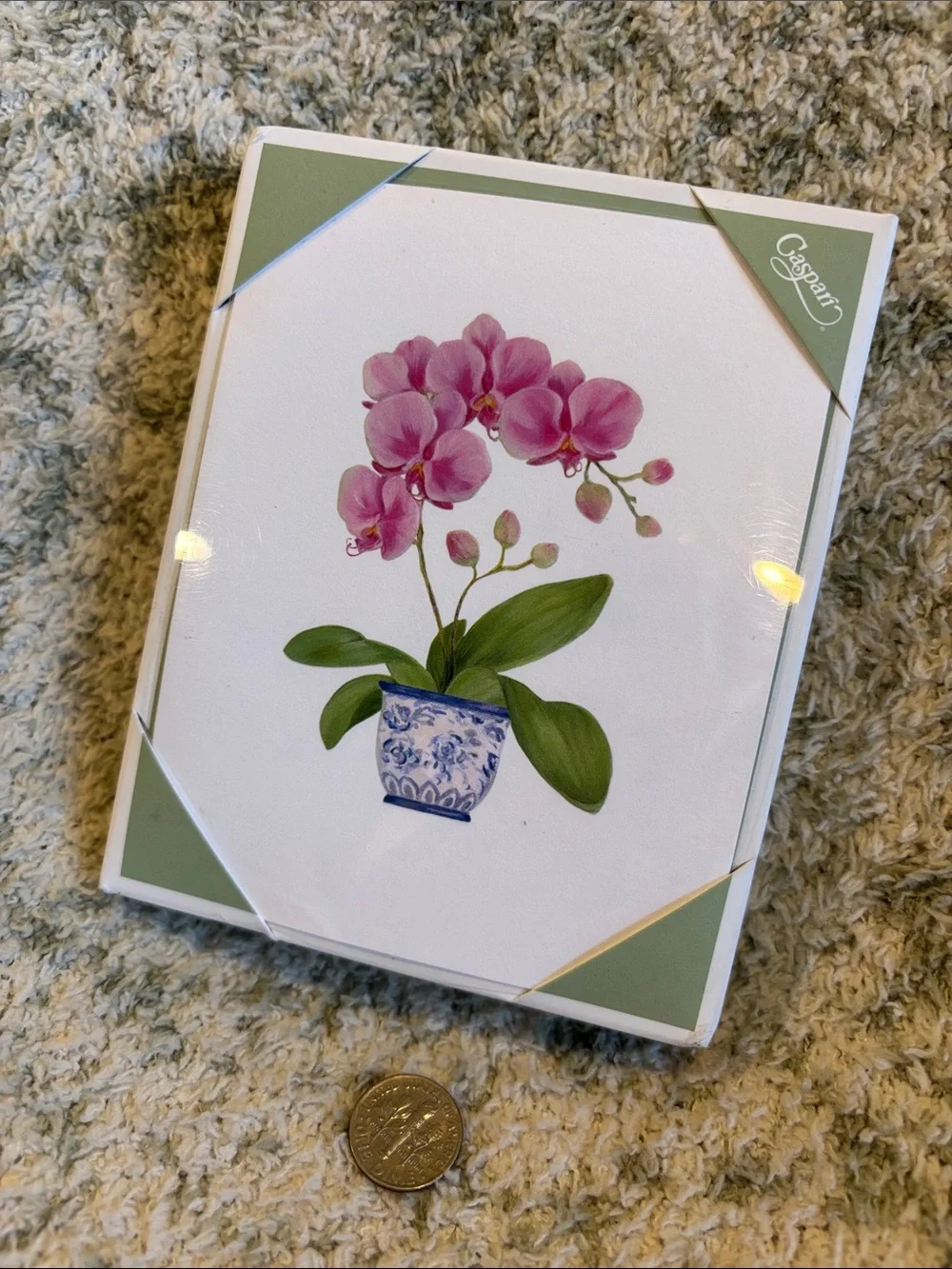 Caspari Pink Tropical Orchid in Blue Porcelain Pot Note Cards Set of 10 NWT